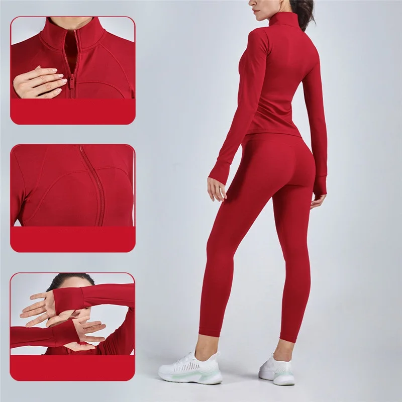 Solid Color Women Sport Jacket Long Sleeve Zip Gym High Neck Zipper Casual Yoga Wear Coat Run Fitness Top Comprehensive Training