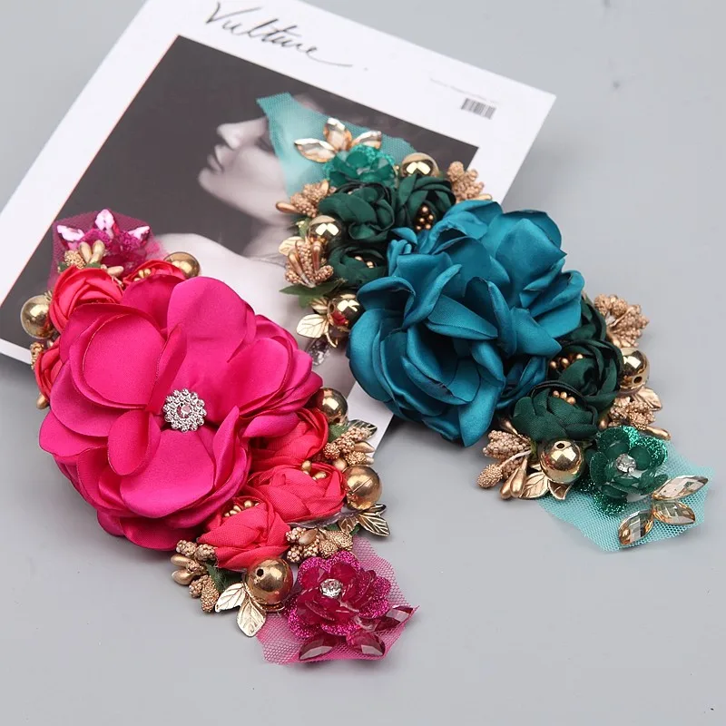 2 peças de apliques de flores de cristal feitos à mão com miçangas para roupas, DIY, patches de strass para passar a ferro, bordados.