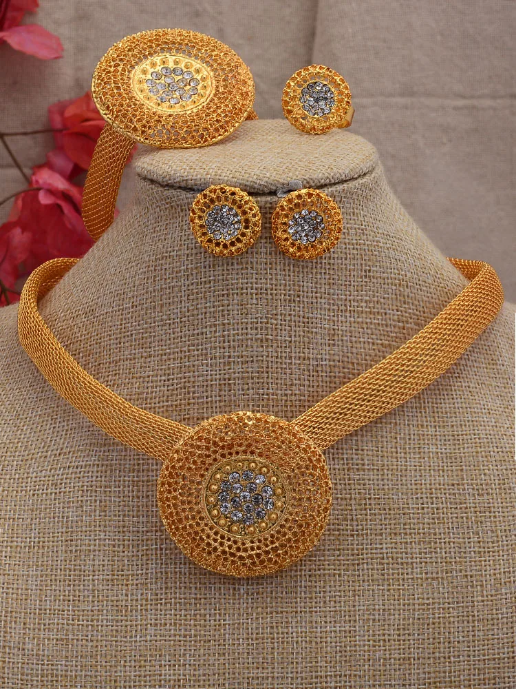 Dubai Gold Jewelry Set Nigerian Wedding Zircon African Jewelry Set Gold Color Turkish Jewelry For Women Necklace Earrings Sets