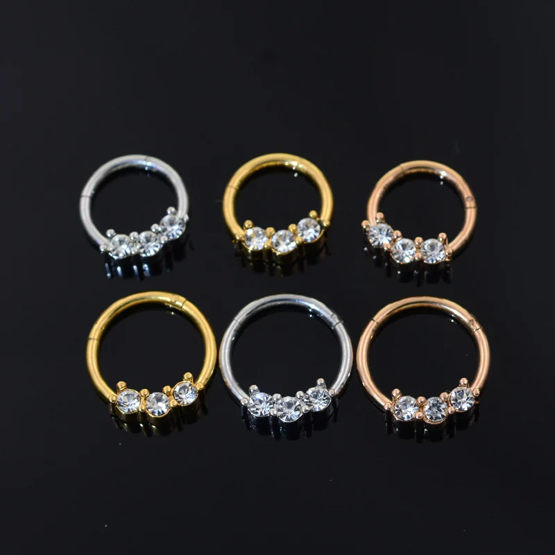 1Pc Three CZ Seamless Ring Hoop 16G CZ Gems Seamless Hinged Segment Ring Clicker Cartilage Nose/Lip/Ear Hoop Septum 16G