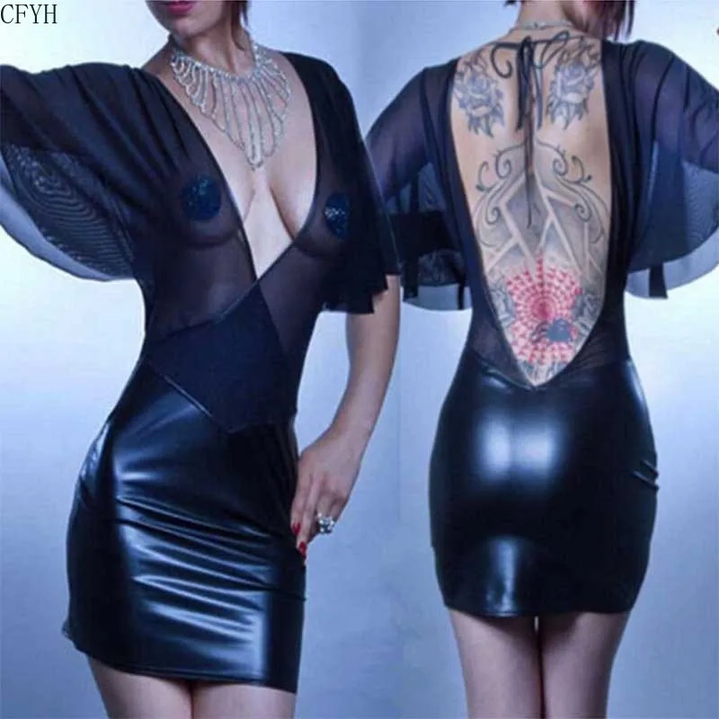 

2024 New Sexy Women Black Faux Leather Bodycon Short Dress Transparent Mesh Patchwork Dress Size S M L XL XXL XXXL