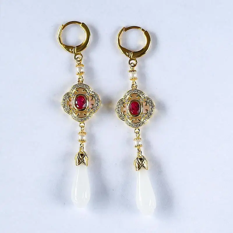 Natural Hetian White Magnolia Flower Hollow Diamond Earrings Chinese Retro Luxury Aristocratic Charm Women\'s Silver Jewelry