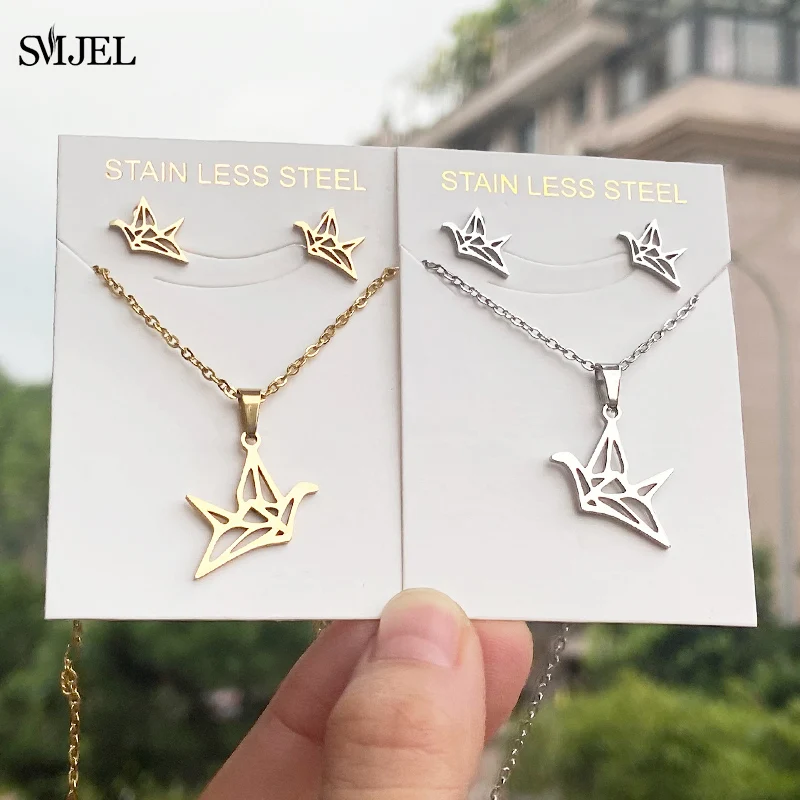 Trendy Animal Necklace Stainless Steel Jewelry Sets Cute Origami Crane Earrings Paper Bird Pendant Necklace Accessories Gift