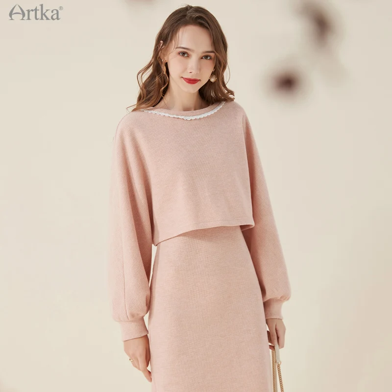 ARTKA 2021 A/W New Women Suits Elegant O-Neck Short Knitted Sweatshirt Set Tank Slim Midi Knitted Dresses 2 Piece Set VA20111D