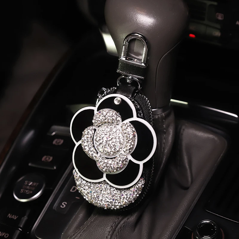 Universal Diamond Flower Car Key Bag Crystal Camellia Mirror Key Bag Car Key Case Cover for Key Shell Case Cover Holder Protect