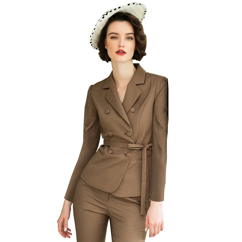 France Style Women Suits Custom Made Double Breasted Blazer With Belt Pencil Pants Vintage Slim Fit Office Lady Jacket