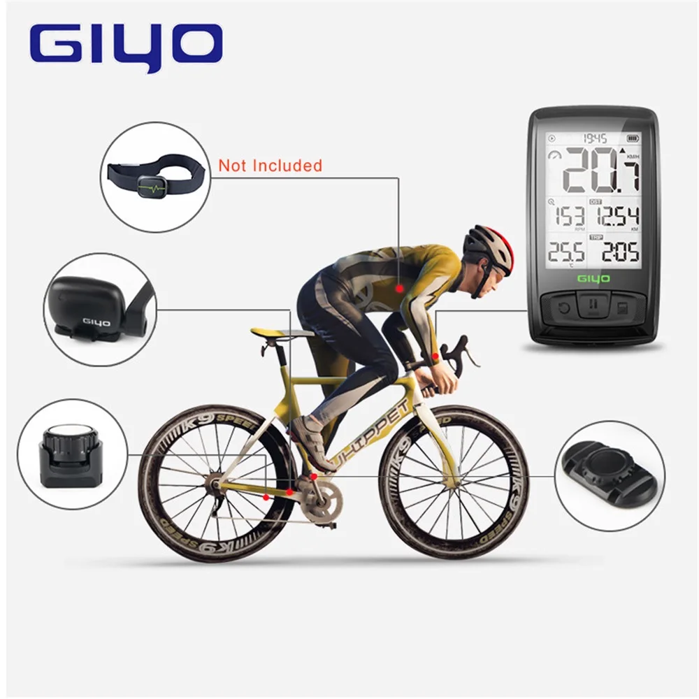 GIYO-Wireless Bicycle Computer with Bicycle Mount Holder,Speedometer Cadence Sensor, Waterproof Cycling Stopwatch, Bluetooth 4.0