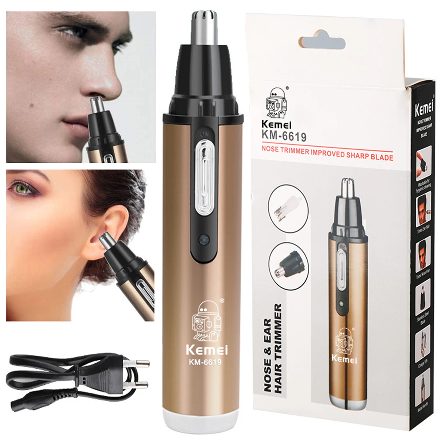 KM-6619 Nose Shaving Cleaner Modern Design Portable Safely Rechargeable Personal Nose Ear Hair Removal Trimmer Home Travel