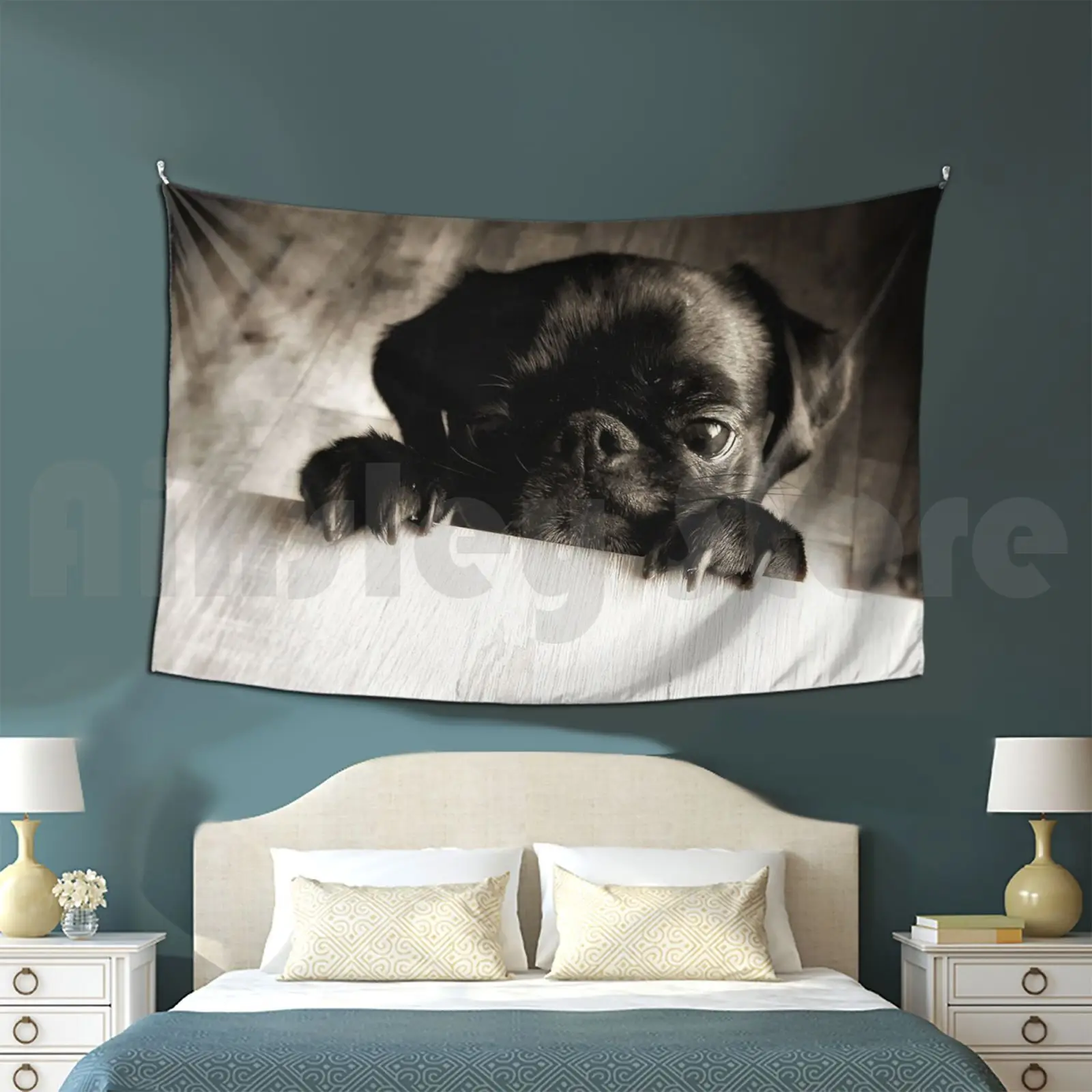 Pug Black Puppy Peeking In Black And White Tones Tapestry Living Room Bedroom Dog Pet Pug Dutch Bulldog Dutch Mastiff