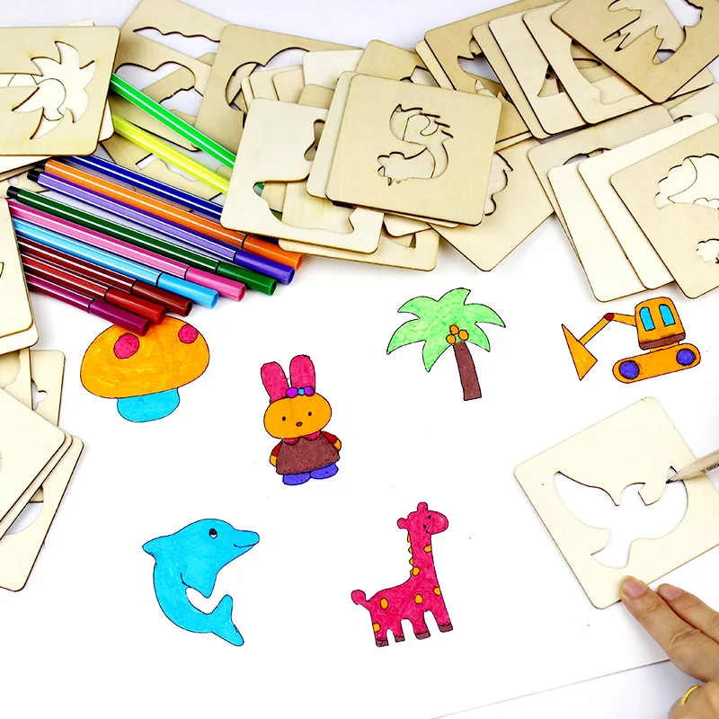 Unisex Drawing Toys Set Wood Children's Drawings Set Tools Boys Girls Baby Doodle Draw Painting Template Toddler Boy Girl 2021