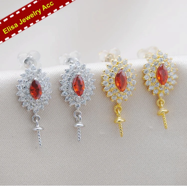 

3Pairs/Lot Shinning Ruby Rhinestones Dangle Pearl Earrings Holder S925 Solid Silver Jewelry Findings Women DIY Components