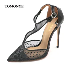 TOMONYE black crystal rhinestone mesh gauze T strap with black patent leather women lady 12cm high heel shoes on sale plus size
