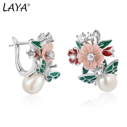 Laya 925 Sterling Silver High Quality Zircon Natural Pearl Shell Flower Leaf Enamel Drop Earrings For Women Trendy Jewelry