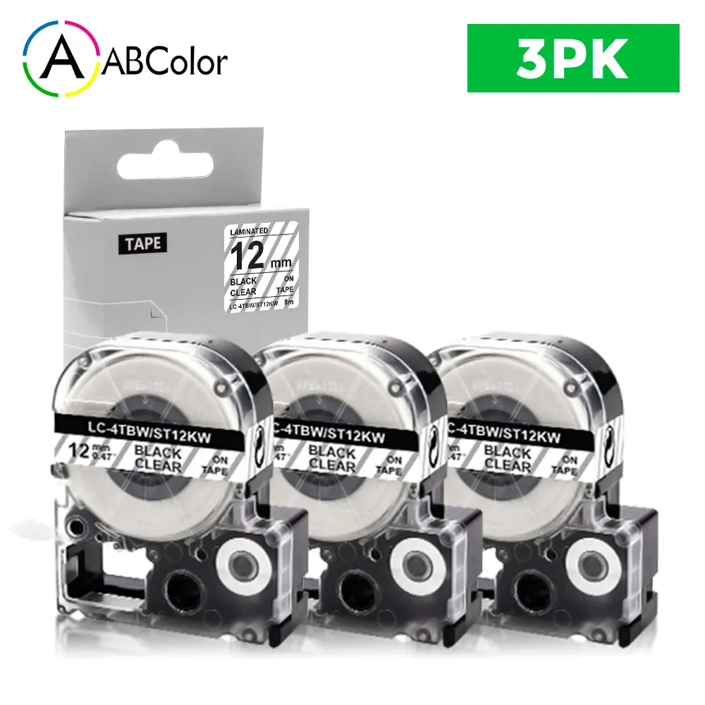 3PK 12mm Compatible Tape For Epson King Jim ST12KW LK-4TBN Black on Clear Tape Printer Ribbon For LW-300 LW-400 Label Printer