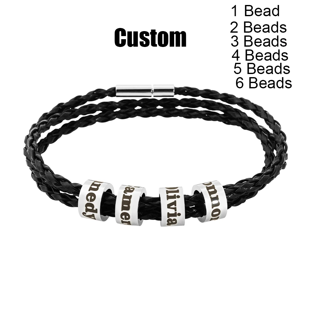 Personalized Mens Braided Genuine Leather Bracelet Stainless Steel Custom Beads Name Charm Bracelet for Men with Family Names