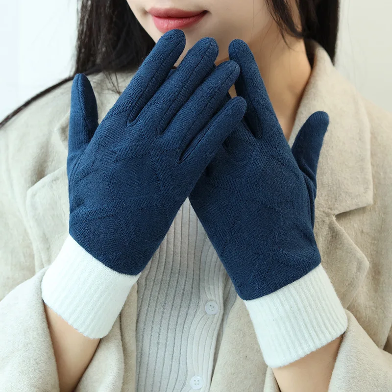 Elegant Women Winter Imitate Cashmere Keep Warm Plus Velvet Thicken Touch Screen Lattice Cycling Drive Knitting Mittens Gloves