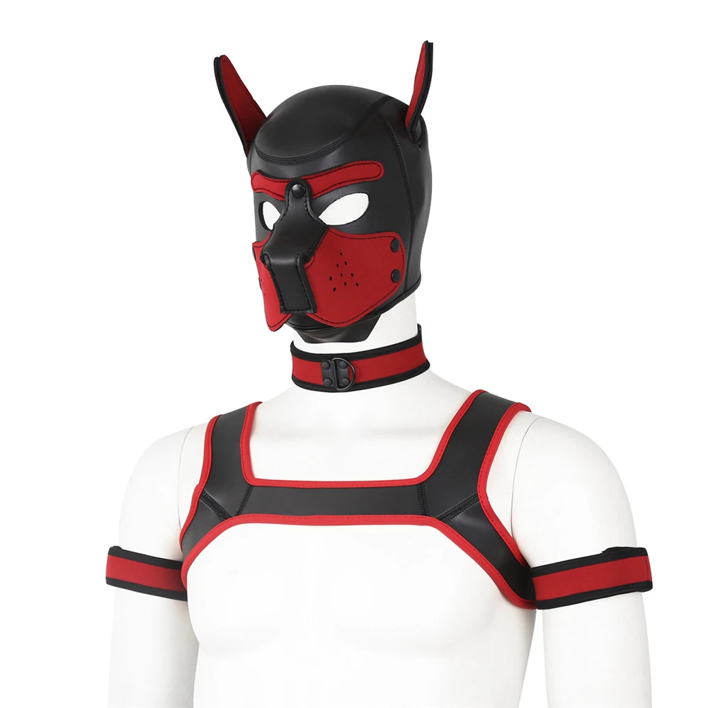 Men Costume Dance Dog Mask Neoprene Play Body Restraint Costume Chest Harness Man Top Belt Dog Hood Choker Collar Arm Set