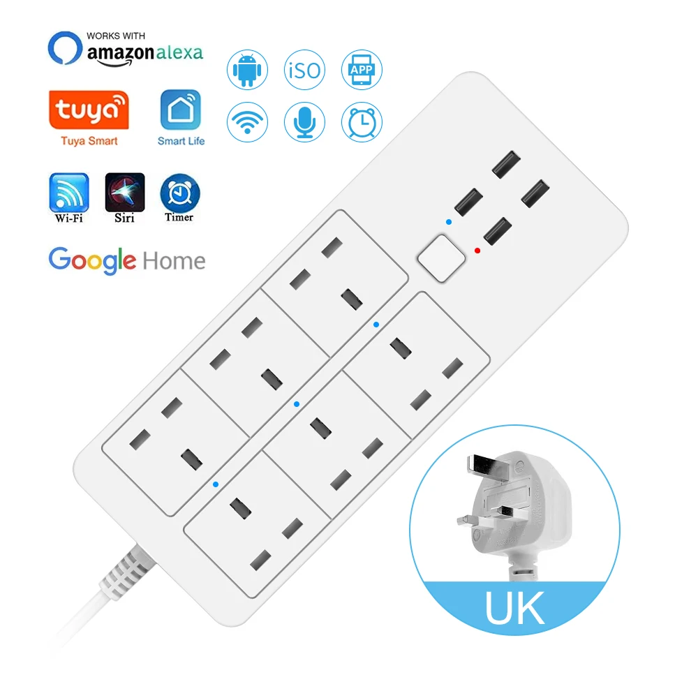 Smart Wifi  Power Strip 6 UK 4 USB Plug 5V3.1A Charging Port Timing Bluetooth Control with Alexa Google Home Assistant