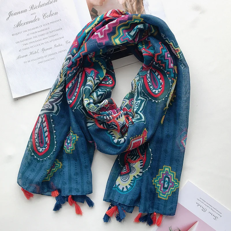 2021 Women Summer Spain Brand Viscose Shawl Aztec Cashew Floral Tassel Scarf Wrap Pashminas Snood Bufandas Muslim Hijab 180*90cm