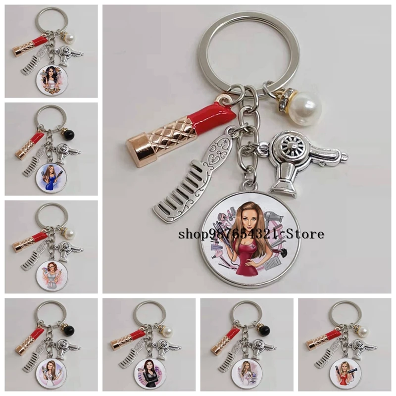 

New style beauty salon keychain, glass cabochon pendant keychain, comb hair dryer lipstick alloy keychain,