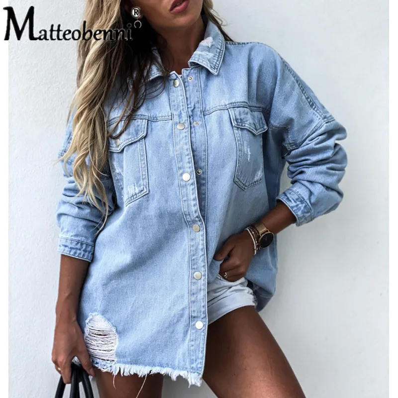 2021 Fall New Women\'s Long Sleeve Denim Shirt Fashion Ripped Mid-length Jeans Buttons Shirt Tops Boyfriend Loose Shirts