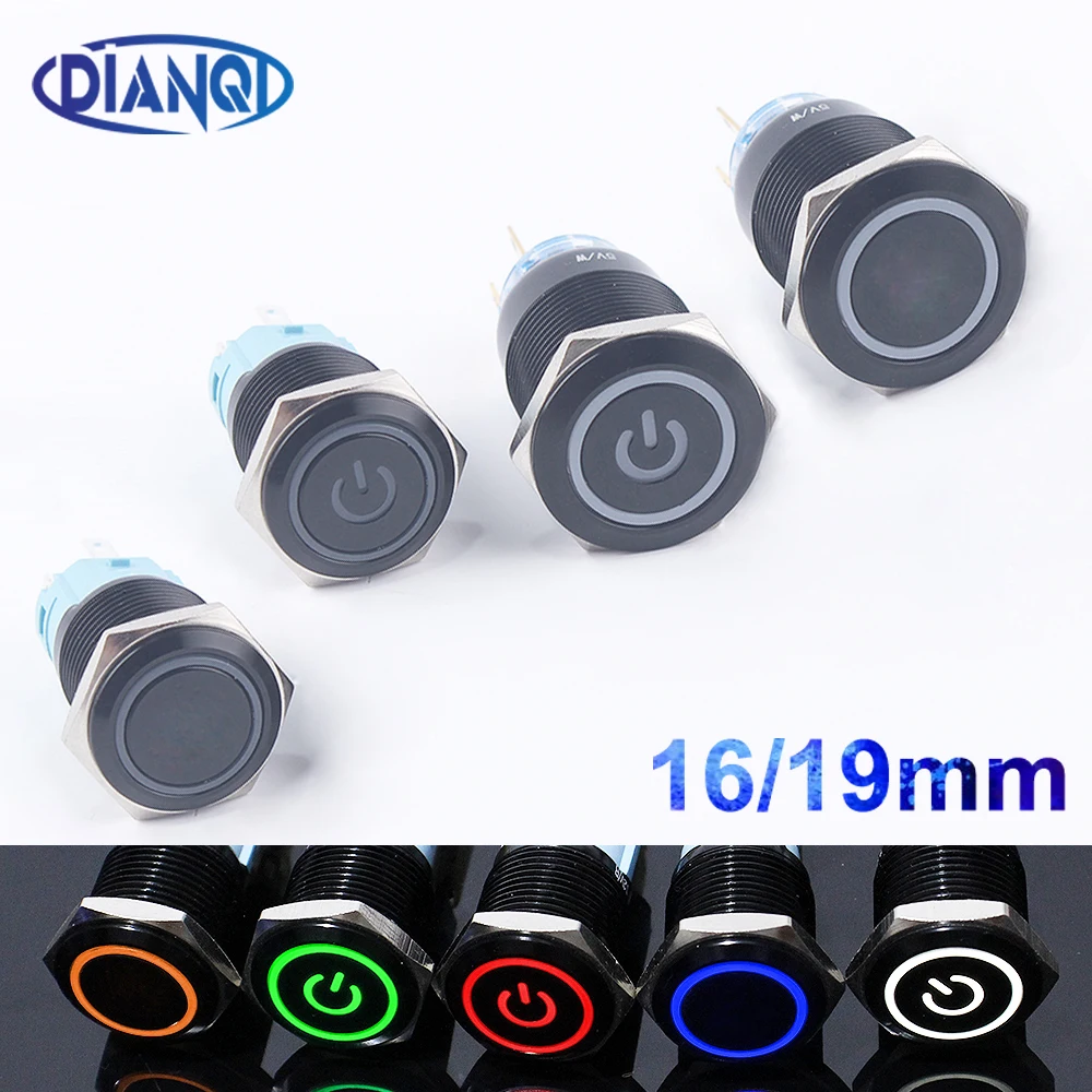 16mm 19mm LED3V6V12V24V220V Alumina Black Ring Light Power Push Button Momentary Without Fixation Latching Button Switches