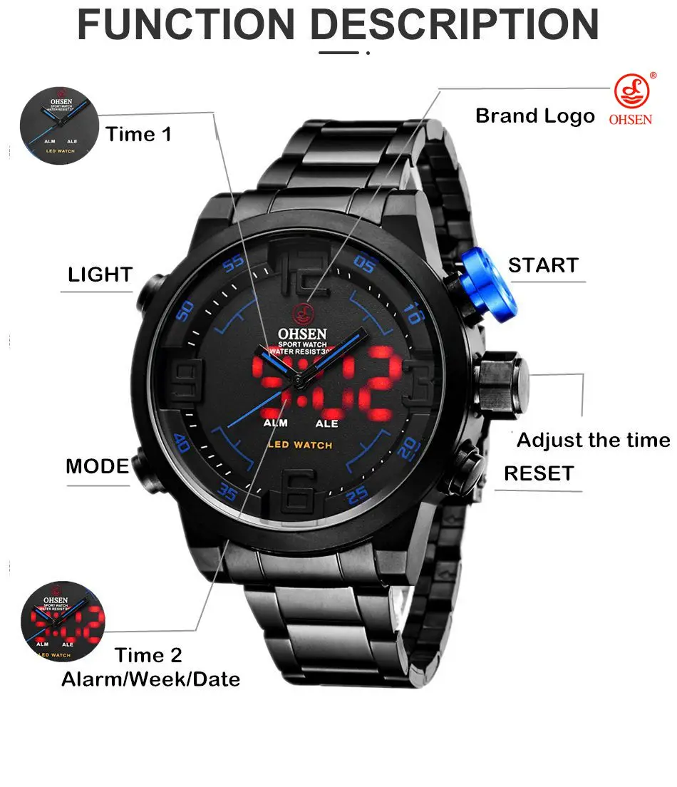 Fashion Sport Watch Men Digital Quartz LED Steel Strap Man Dual Time Watch 3ATM Waterproof Military Wristwatches Relogios