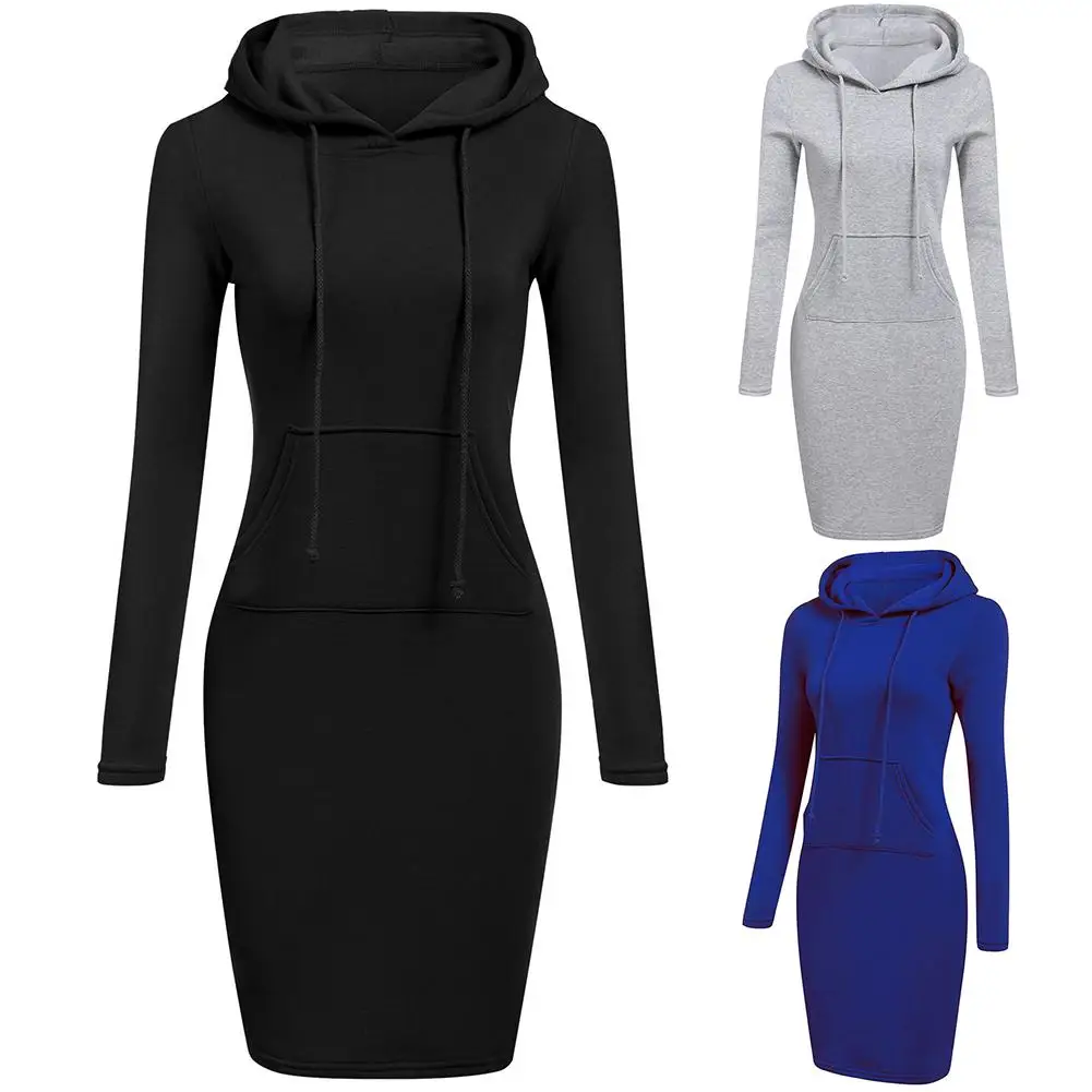 Sudaderas con capucha para mujer, vestidos de manga larga de Color sólido, Bodycon, vestido de otoño, bata para mujer, vestido hasta la rodilla