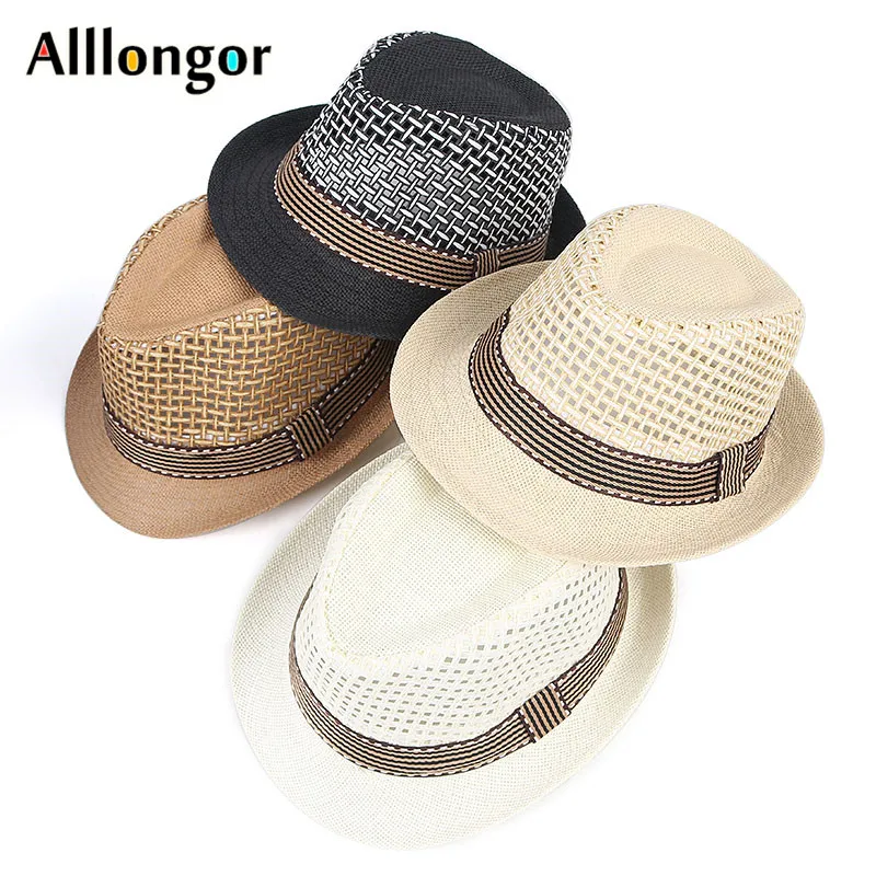 Parent-child Kids Boys Men Straw Hat Sun Protection Fedora New Fashion 2024 Summer Short Sleeve Breathable Sunhat Beach Cap