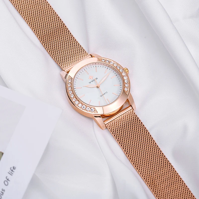 WWOOR-relojes de lujo de oro rosa para Mujer, a la moda Reloj de pulsera con diamantes, vestido informal, malla de acero