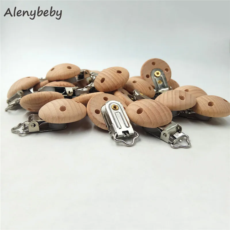 Laser Printed logo Wooden Soother Clip Nursing Beech Perforated Pacifier Clips Chewable Teething Diy Dummy Clip Holder Chain