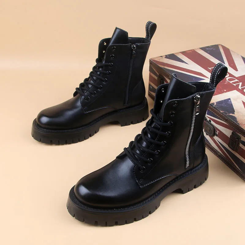Korean style men\'s fashion platform boots tide genuine leather shoes black white cowboy boot handsome spring autumn ankle botas