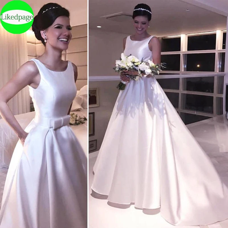 

Wedding Dress Simples Vestidos De Novia Satin Lace Up Back Cheap A Line Boda Bride Gown 2021 Robe Mariage Trouwjurk With Pockets