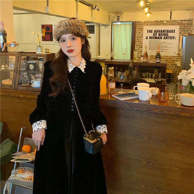 Dresses Women Long Sleeve Button Spring Ladies Retro Warm All-match Korean Style Fashionable Students New Solid Mujer Vestdios