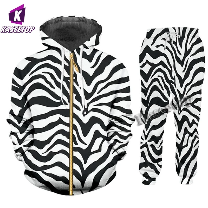 

KASEETOP Plus Size Clothing Women's Suit Printed Zebra Stripe Men's Tracksuit Pants 2 Piece Set Hoodie Oversize Sweatpants TZ12