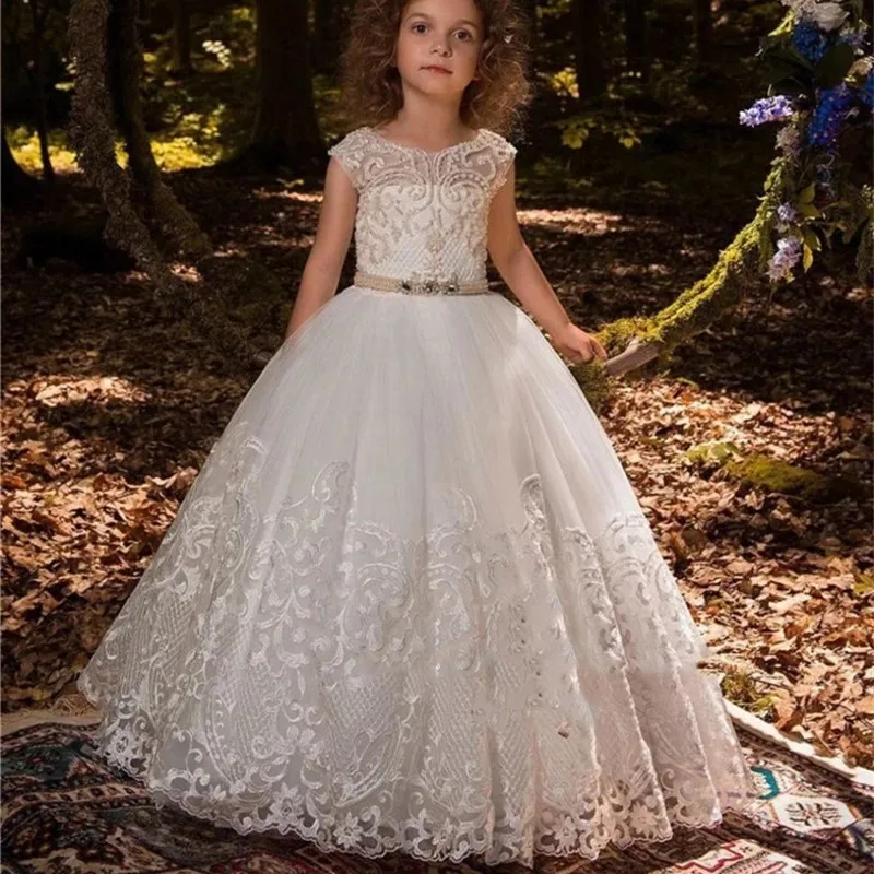 Pageant Cheques Vestidos de Renda com Pérolas, Vestidos de Primeira Comunhão para Menina, Vestidos Flower Girl, Vestidos Princesa Sem Mangas, Custom