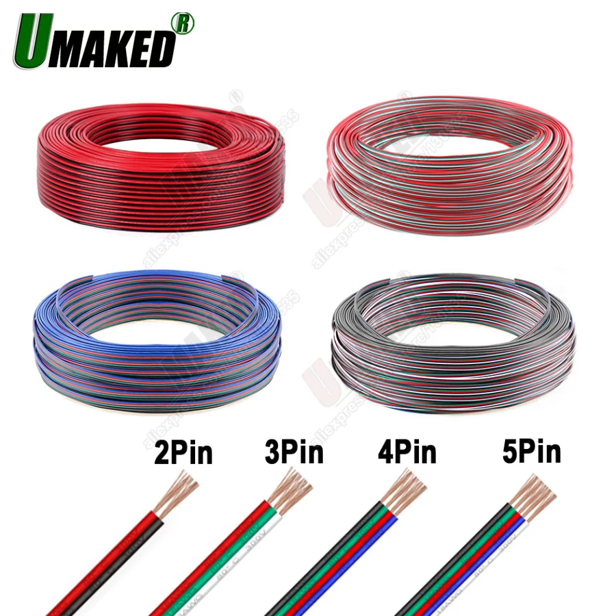 5m 2/3/4/5pins tinned copper wire,extension cable wire, 22AWG LED strip electronic wire cable, DIY connect