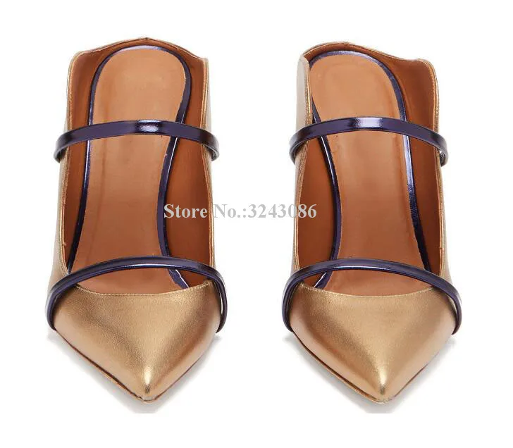 Lady New Gold Strap Stiletto Heel Sandals Fashion Pointed Toe Mixed Color Luxury Design High Heels Dress Sandals Shoes Women