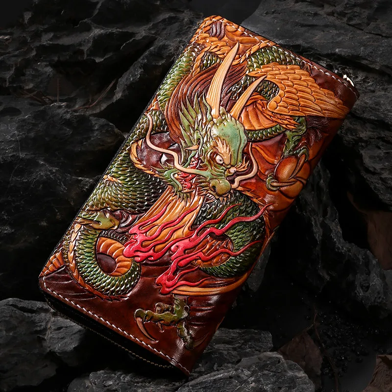 Handmade Wallets Carving Double Dragon Blessing Purses Men Long Clutch Vegetable Tanned Leather Wallet Card Holder