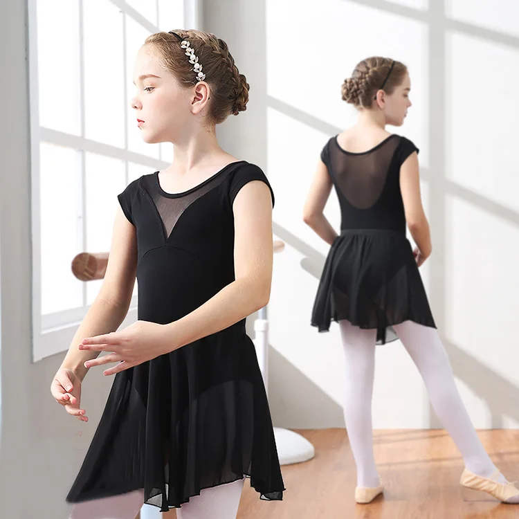 Roupas de treinamento de dança das crianças meninas macacão de dança mangas curtas com saia roupas de ginástica crianças ballet dança traje