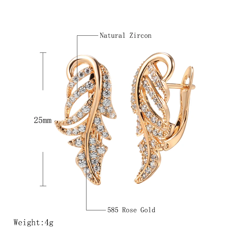 Hot Sale Vintage Zircon Earrings 585 Rose Gold Leaf Texture Piercing Hoops Elegant Engagement Wedding Golden Jewelry Earrings