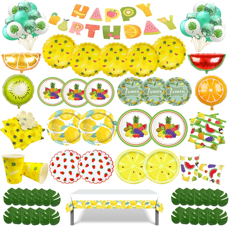 Colorful Summer Fruit Theme Party Disposable Tableware Paper Plates Cups Family Gathering Birthday Baby Shower Decor Supplies