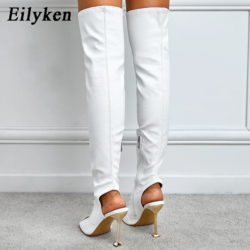 Eilyken Design White Black Peep Toe Over The Knee Boots Fashion Runway Sexy Zip Womans Cut-Out Thin High Heels Shoes