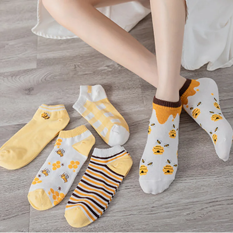 10Pcs=5 Pairs Of Women Short Tube Invisible Cotton Socks Cute Little Bee Pattern Women\'s Socks Spring And Summer Women Socks