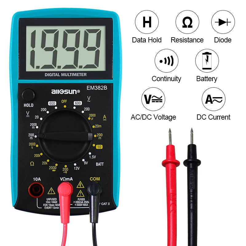 all-sun EM382B LCD Digital Multimeter DC/AC Voltmeter Continuity Battery Diode Tester