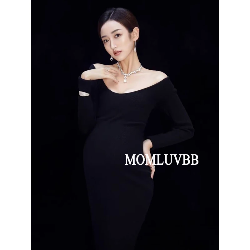 MOMLUVBB Sexy Maternity Dresses for Photo Shoot Full Sleeve Backless Pregnancy Clothes Photography Props Knitted Black Dress