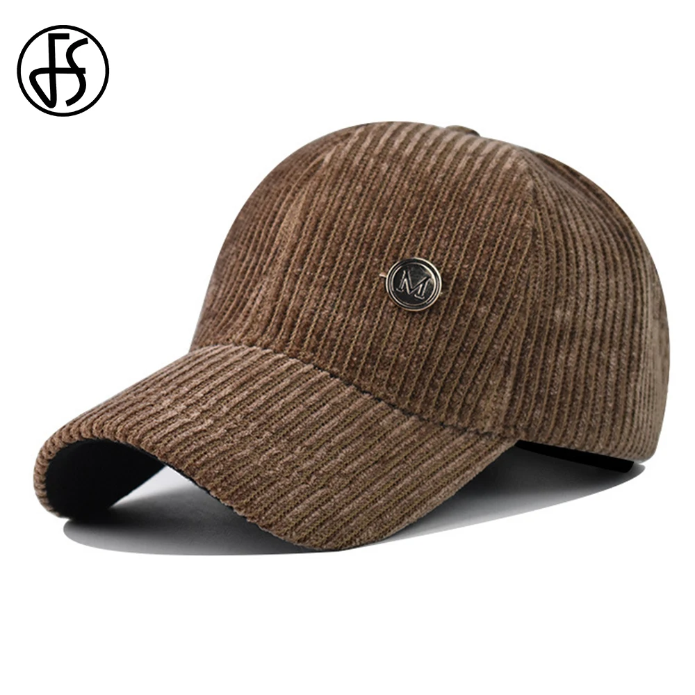 FS Brown Gray Striped Corduroy Baseball Caps Thick Warm Windproof Women Winter Hats Streetwear Hip Hop Cap For Men Gorras Hombre