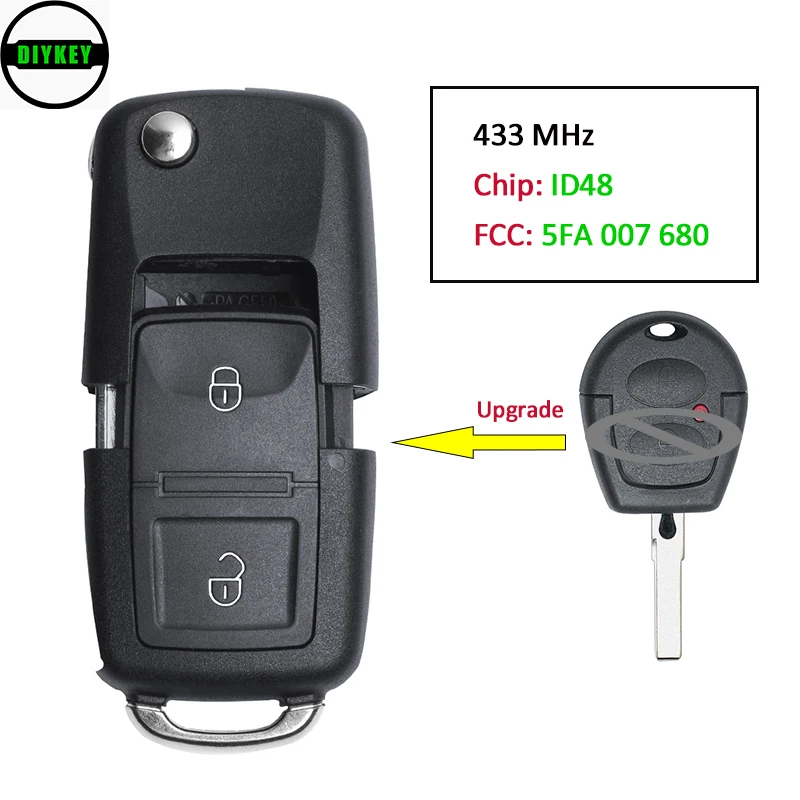 

DIYKEY P/N: 5FA 007 680 Upgraded 433MHz Flip Remote Key ID48 Chip for VW Toledo Leon Lbiza Cordoba Arosa Alhambra 5FA007680