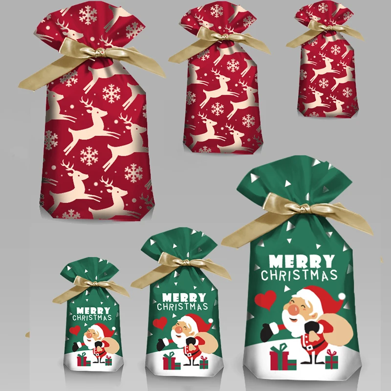 5/10 pces ano novo 2022 saco de doces saco de presente de santa floco de neve crocante drawstring saco feliz natal decorações para casa noel presente