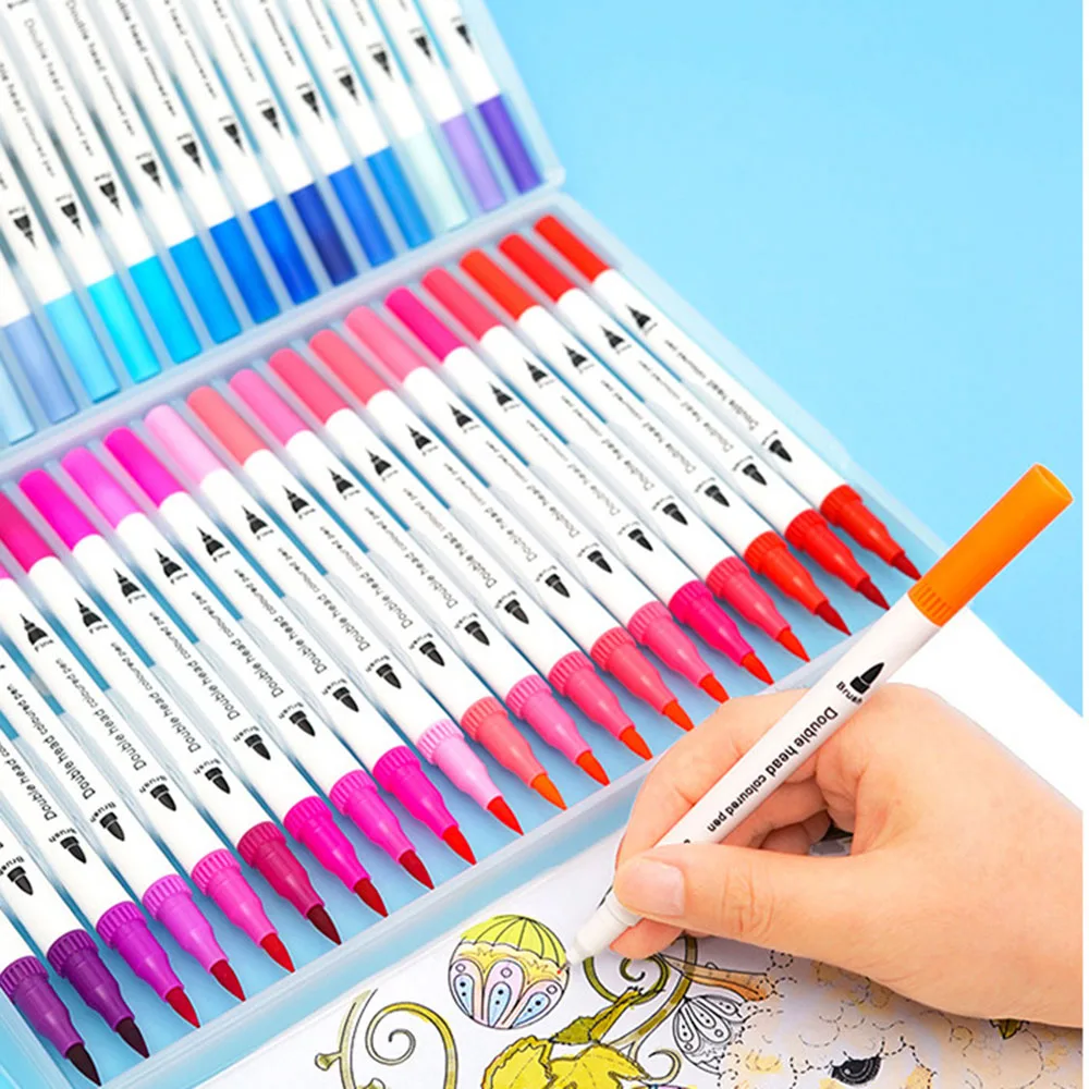 Pinselstift mit zwei Spitzen, feine Linie, farbige Markierungsstifte, waschbare, wasserlösliche Aquarellstifte zum Zeichnen, Malen, Kunstbedarf – Detail 4